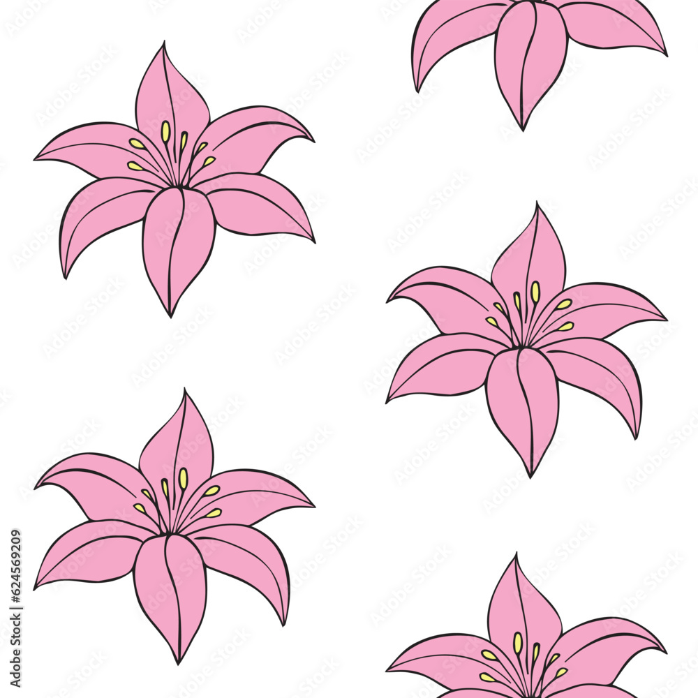 Vector seamless pattern of hand drawn doodle sketch pink Lilly flower isolated on white background