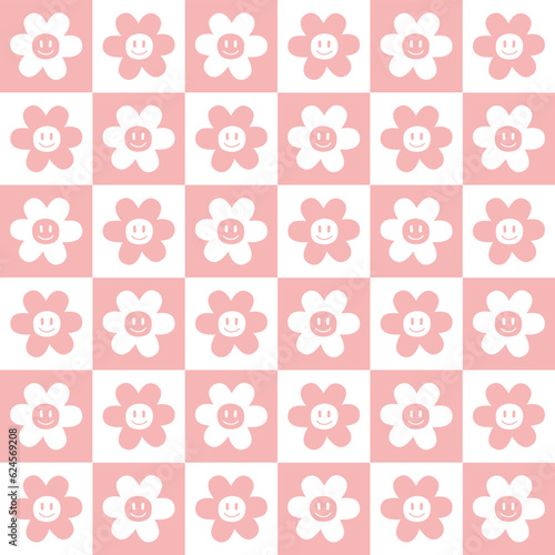 Vector seamless pattern of pink groovy retro flower isolated on checkered chessboard background