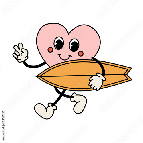 Vector retro groovy cartoon heart with surf board isolated on white background