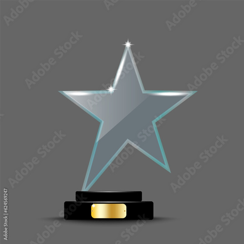 Realistic award layout design. Glass trophy in the form of an star. 3d acrylic crystal star. Vector illustration. stock image.