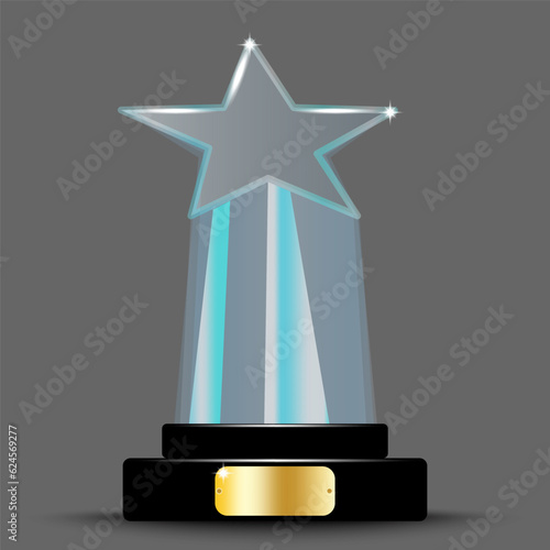 Realistic award layout design. Glass trophy in the form of an star. 3d acrylic crystal star. Vector illustration. stock image.