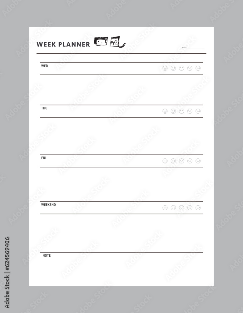 (Sean and Sea) week planner. Minimalist planner template set. Vector illustration. (Sean and Sea) week planner. Minimalist planner template set. Vector illustration.