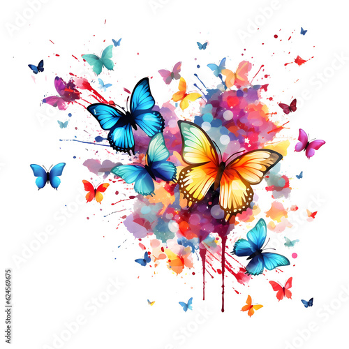 Paint splash art of flying butterflies , Abstract colorful rainbow color painting illustration - watercolor splashes, isolated on white background (Generative Ai)