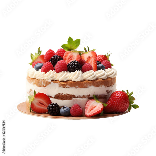 birthday cake with strawberries and cream isolated on transparent background