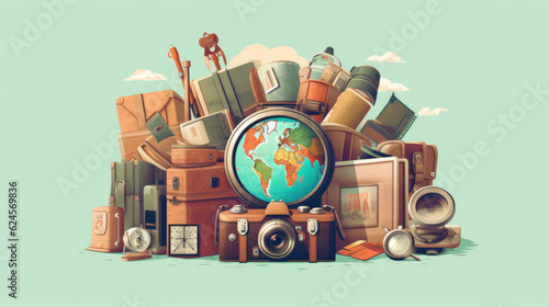 Wanderlust-Inspired Illustration with a Globe and Miniature Monuments Amidst Suitcases