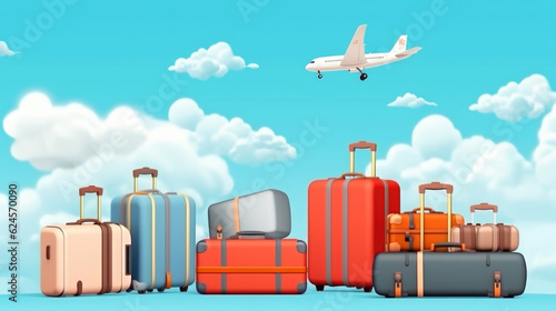 Wanderlust Adventure: Illustration of Colorful Suitcases, Planes, and Clouds on a Travel Banner with Space for Text
