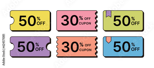 Coupon design template icon set for discount sale event in shopping, market and store.
