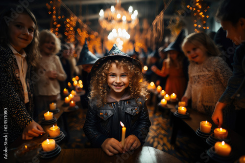 Spooky Kids' Halloween: Photo of Children with Witch Costumes and Pumpkins Galore - AI Generative