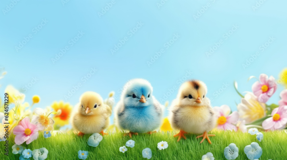 Easter Delight. Festive Banner with Cute Chicks and Blank Space for Text. AI Generative