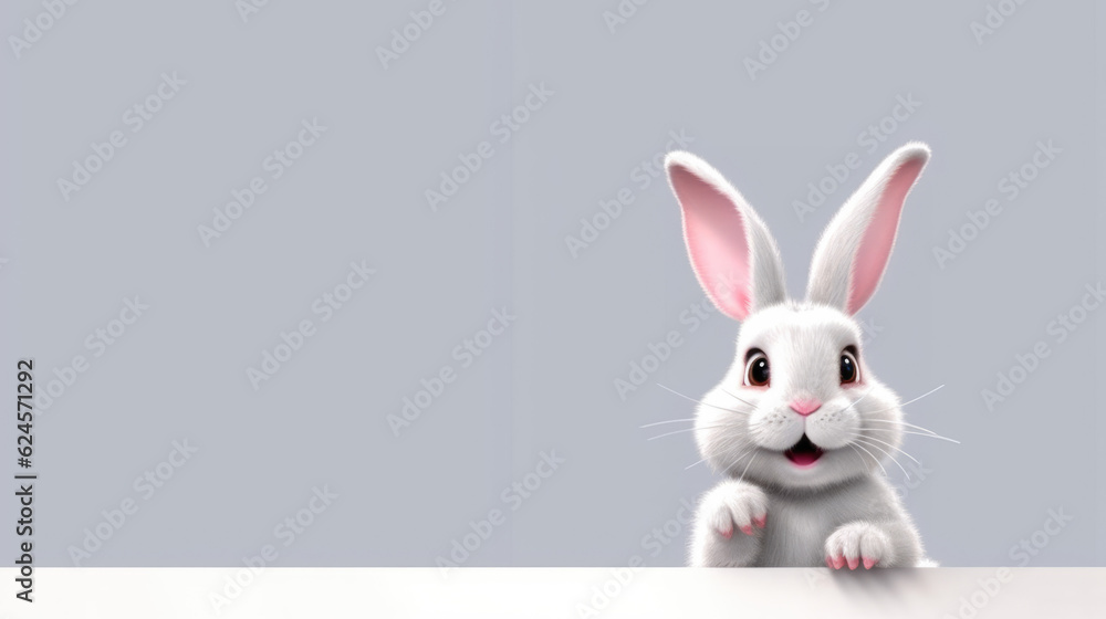 3D Bunny Banner: A cute 3D bunny design on a simple grey background with space for text. Copy space. Adorable concept - AI Generative