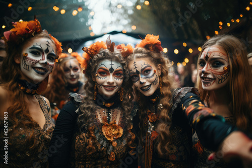 Spooky Teens Halloween: Photo of Teenagers with Costumes at the Streets - AI Generative