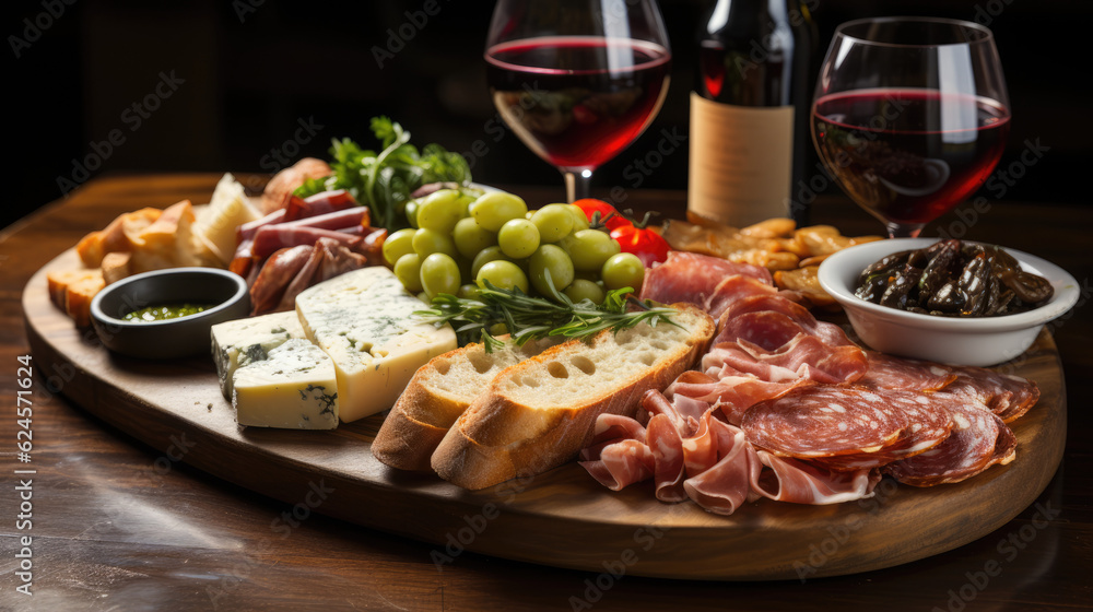 Gourmet Cheese and Charcuterie. Indulging in a Flavorful Assortment on the Platter. AI Generative