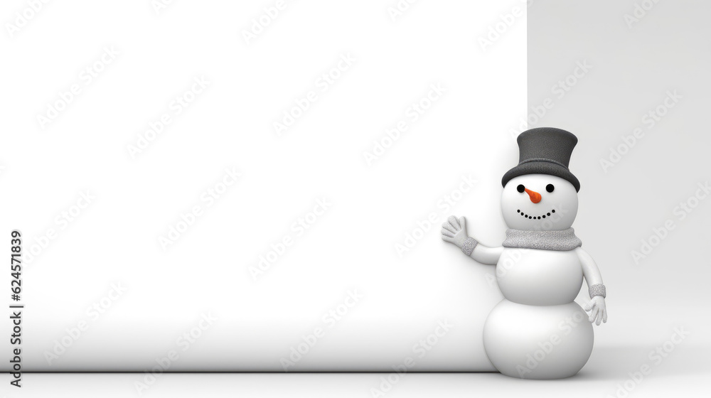 Snowman Banner: A simple banner with a snowman wearing a hat and scarf on white and grey background. Copy space. Winter concept- AI Generative Snowman Banner: A simple banner with a snowman wearing a hat and scarf on white and grey background. Copy space. Winter concept- AI Generative