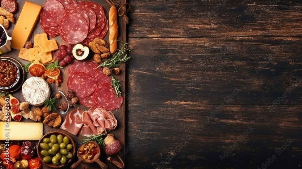 Tempting Tapas and Charcuterie. Banner with blank space for text. Culinary delights and food advertising concept. AI Generative Tempting Tapas and Charcuterie. Banner with blank space for text. Culinary delights and food advertising concept. AI Generative