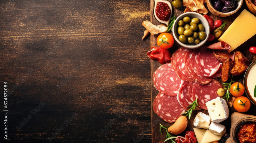 Tempting Tapas and Charcuterie. Banner with blank space for text. Culinary delights and food advertising concept. AI Generative