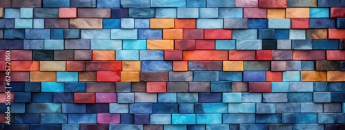 Vibrant colorful mosaic bricks create a mesmerizing geometric pattern on the wall texture. Generative AI