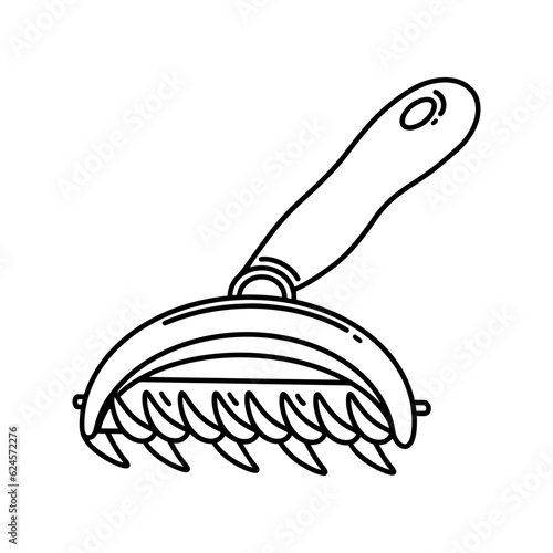 Dematting comb for pet vector icon. Metal brush for domestic animal shedding fur. Grooming tool for cats and dogs. Simple sketch, line art. Black and white isolated clipart for print, vet clinic, web