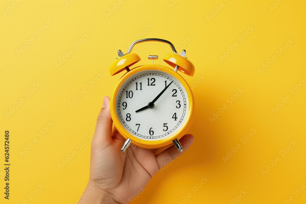 Hand holding alarm clock isolated on yellow background, Generative AI - obrazy, fototapety, plakaty 