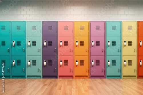 Colorful school lockers on wooden floor and brick wall, Generative AI