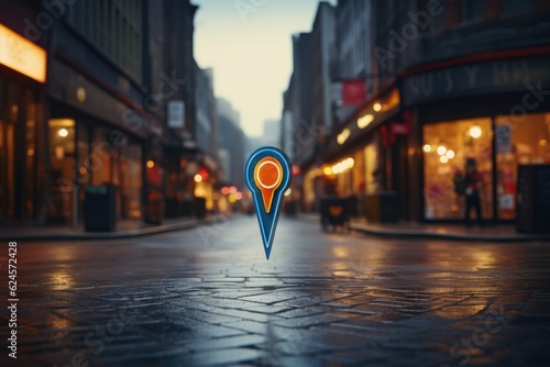 Location pin in the middle of shopping street, GPS pin in street with shops and blurred background, Generative AI