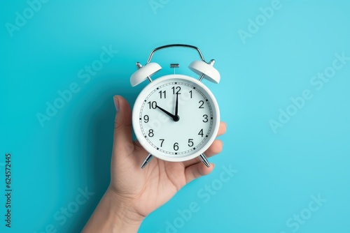 Hand holding white alarm clock isolated on blue background, Generative AI