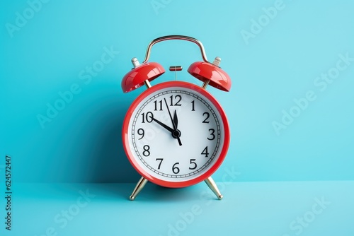 Red antique alarm clock isolated on blue background, Generative AI