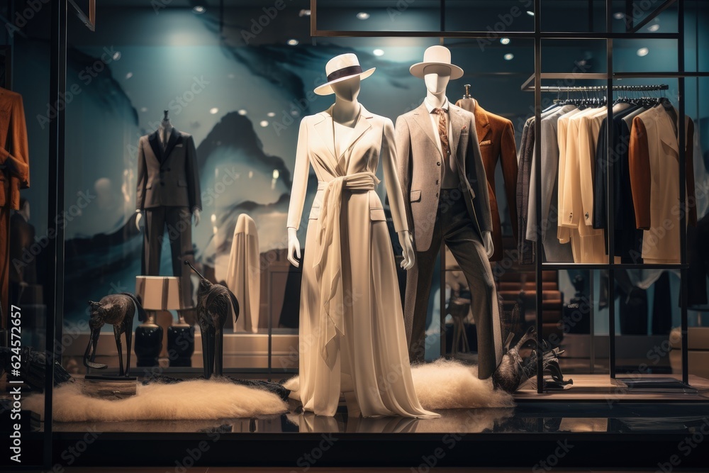 Fototapeta premium Luxury store window with mannequins in designer clothes, designer store interior, Generative AI