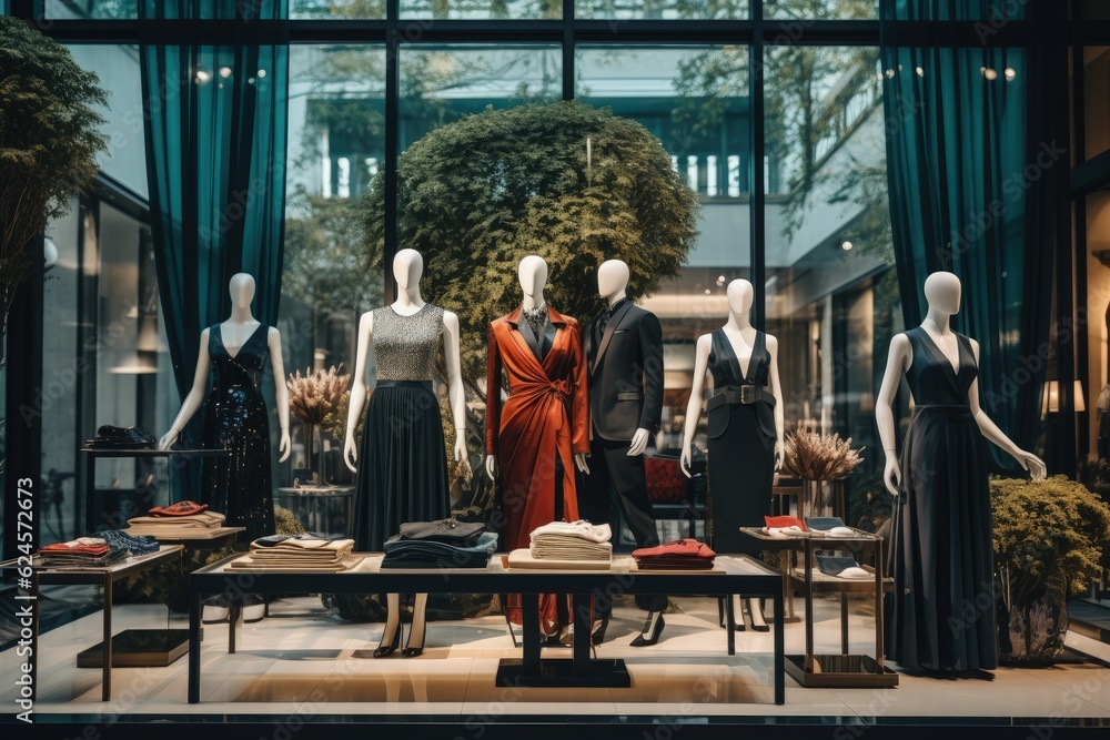 Luxury store window with mannequins in designer clothes, designer store interior, Generative AI