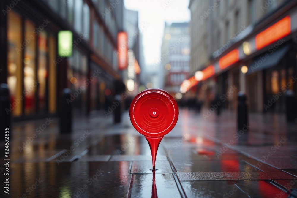 Fototapeta premium Giant location pin in the middle of shopping street with shops, Red GPS pin on the street, Generative AI