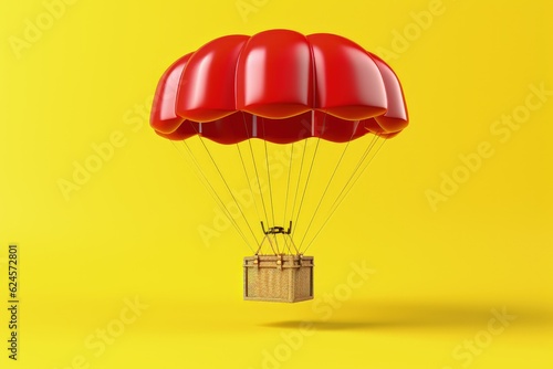 Red parachute with parcel package isolated on yellow background, parachute with box, Generative AI