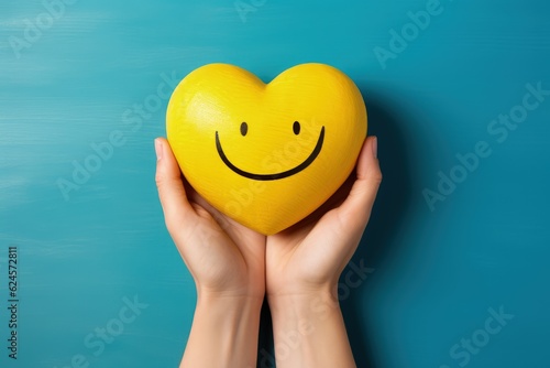 Hand holding heart shaped smiley emoji isolated on blue background, Generative AI