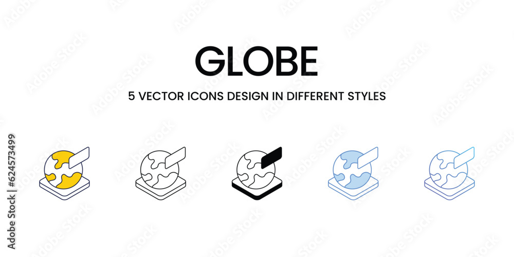 Globe Icon Design in Five style with Editable Stroke. Line, Solid, Flat Line, Duo Tone Color, and Color Gradient Line. Suitable for Web Page, Mobile App, UI, UX and GUI design.