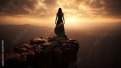 Beautiful warrior princess goddess. Strength and femininity. Concept art of woman overlooking a sunrise of a cliff. Battlefield.