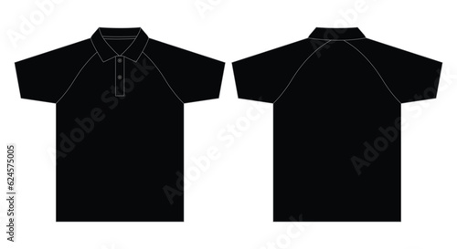 Blank Black Raglan Short Sleeve Polo Shirt Template On White Background.Front and Back View, Vector File