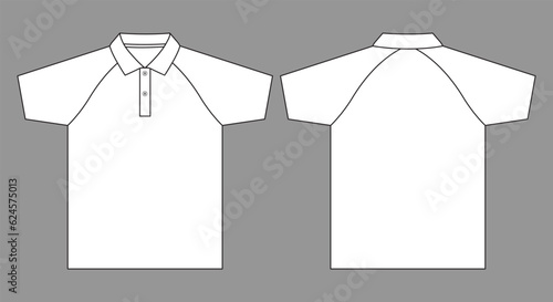 Blank White Raglan Short Sleeve Polo Shirt Template on Gray Background. Front and Back View, Vector File.