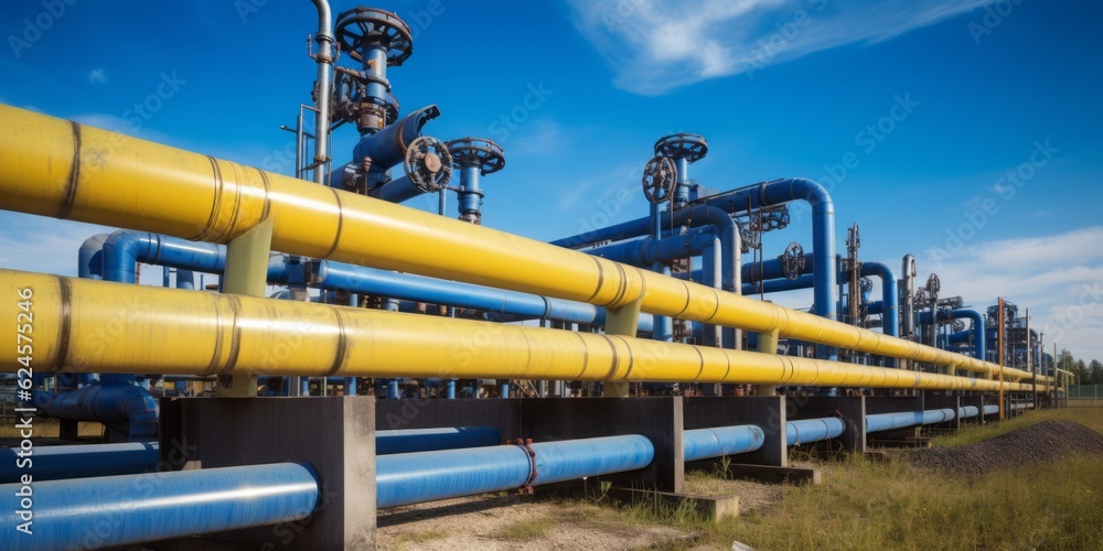 pipes of a refinery, Precisionist Style Reveals the Interconnectedness of Pipeline Systems in Yellow and Green pipes of a refinery, Precisionist Style Reveals the Interconnectedness of Pipeline Systems in Yellow and Green