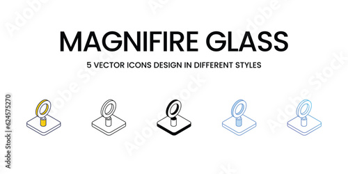 Magnifire Glass Icon Design in Five style with Editable Stroke. Line, Solid, Flat Line, Duo Tone Color, and Color Gradient Line. Suitable for Web Page, Mobile App, UI, UX and GUI design.