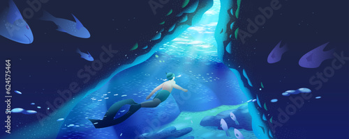 Panoramic blue cave wallpaper
