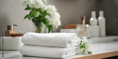 Bathroom Towels on Marble Countertop Adorned with Flowers  Showcasing Photorealistic Detail and Monochromatic Serenity in a Light-Filled  Refreshing Ambiance