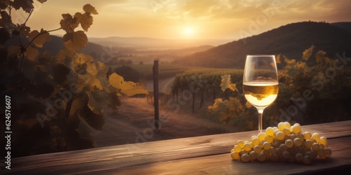 glass of red wine on a vineyard, : Wine Glass with Grape on Wooden Table, Overlooking Vineyard at Sunset, Immersed in Photobashed Beauty of Isolated Landscapes and Lush Mountainous Vistas photo