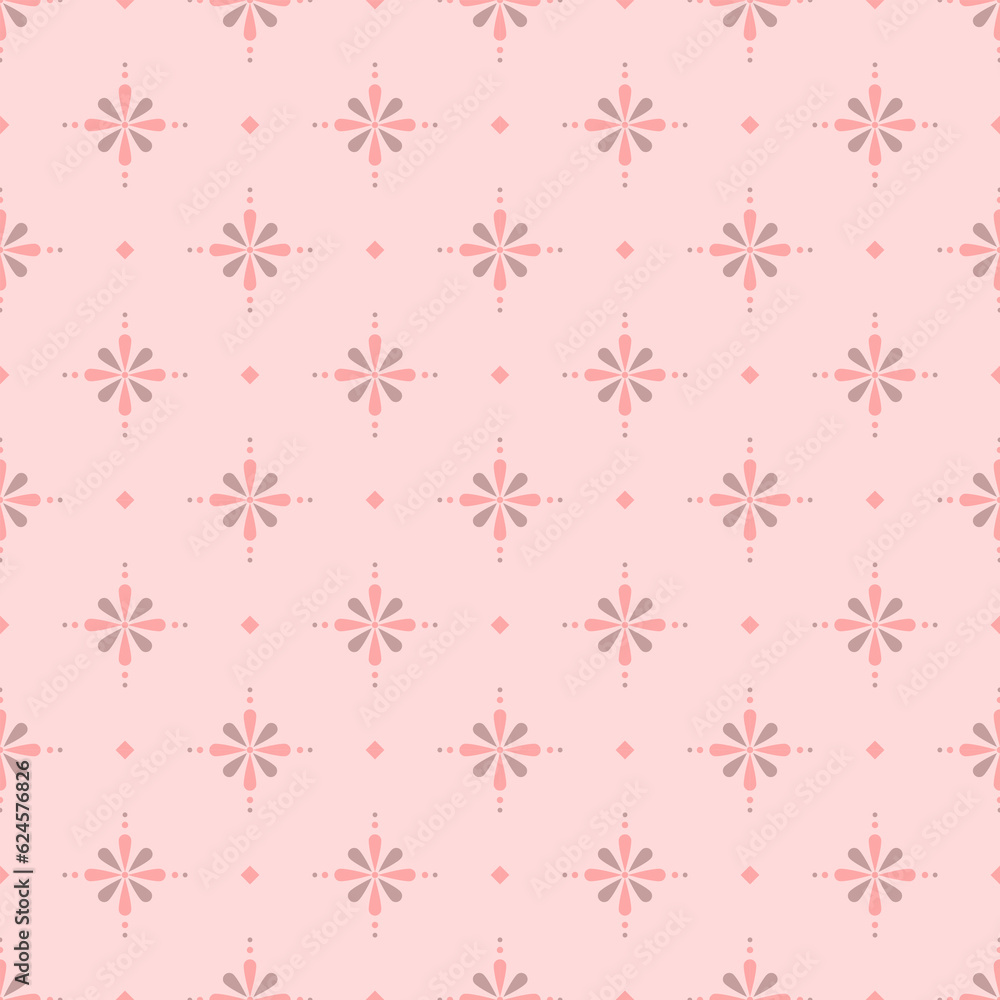 In this seamless pattern, make a flower with pink petals alternating with gray. Arranged on a pink background. Decorated with small pink diamonds placed alternately neatly, beautiful and sweet.