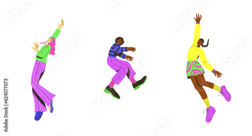 Vector set of joyful young people. Trendy colorful flat style. Vector illustration. Funny character. Dynamic pose. Student in school or university. International day of young people