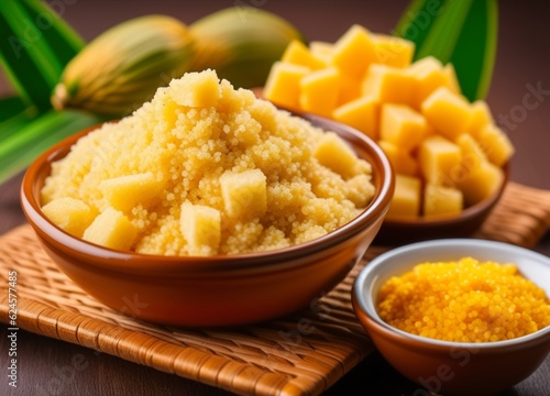 Traditional Brazilian couscous (cuscus/cuscuz). Tropical food. The Brazilian Couscous from the Northeast Region also known as Corn Couscous is a nutritious.