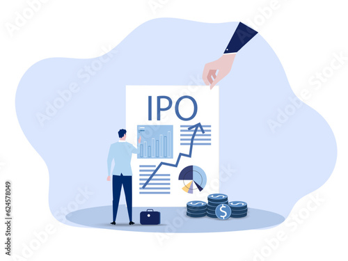 IPO, initial public offering. businessman offer Investing on laptop Concept ,Flat vector illustration.