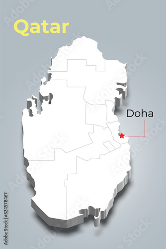 Qatar 3d map with border of regions
