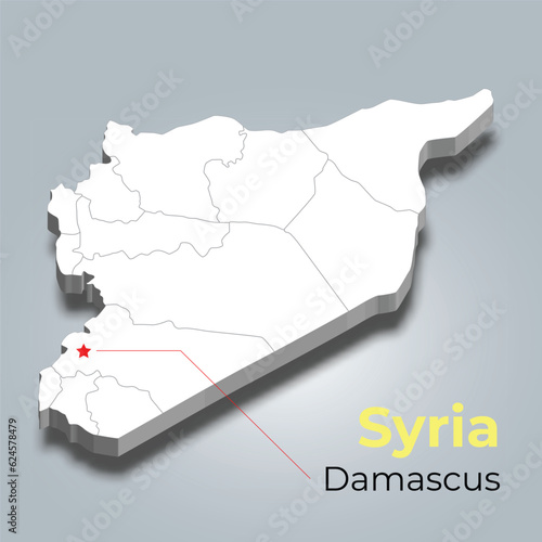 Syria 3d map with borders of regions