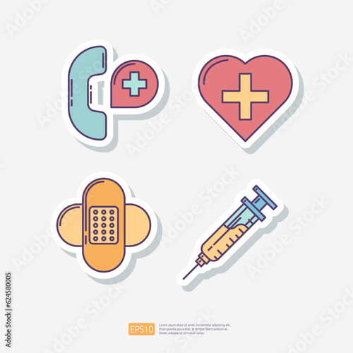 Emergency medical call support, heart health care, adhesive plaster, syringe injection. Medical and health sticker set icon. Vector Illustration