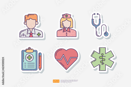 doctor or physician, nurse, stethoscope, medical record document, heart beat, emergency star. Medical and health sticker set icon. Vector Illustration