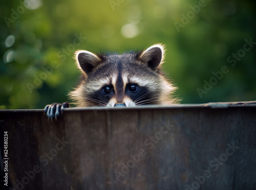 Raccoon in a trash can outdoors, Generative AI