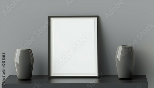 Blank a4 frame mock up interior Table background, Empty Black border for painting image or photo mockup, side view. Clear decorative furniture screen template. photo
